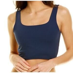 WE WORE WHAT STRAIGHT NECK CROP TOP, SIZE S, DRESS BLUE, NWT